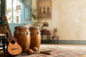 Instrumentos cubanos junto a congas en una habitación luminosa