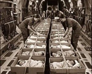 En la foto, niños evacuados en avión de Vietnam