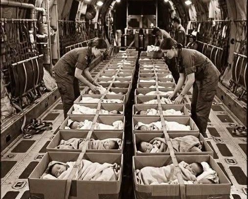 En la foto, niños evacuados en avión de Vietnam