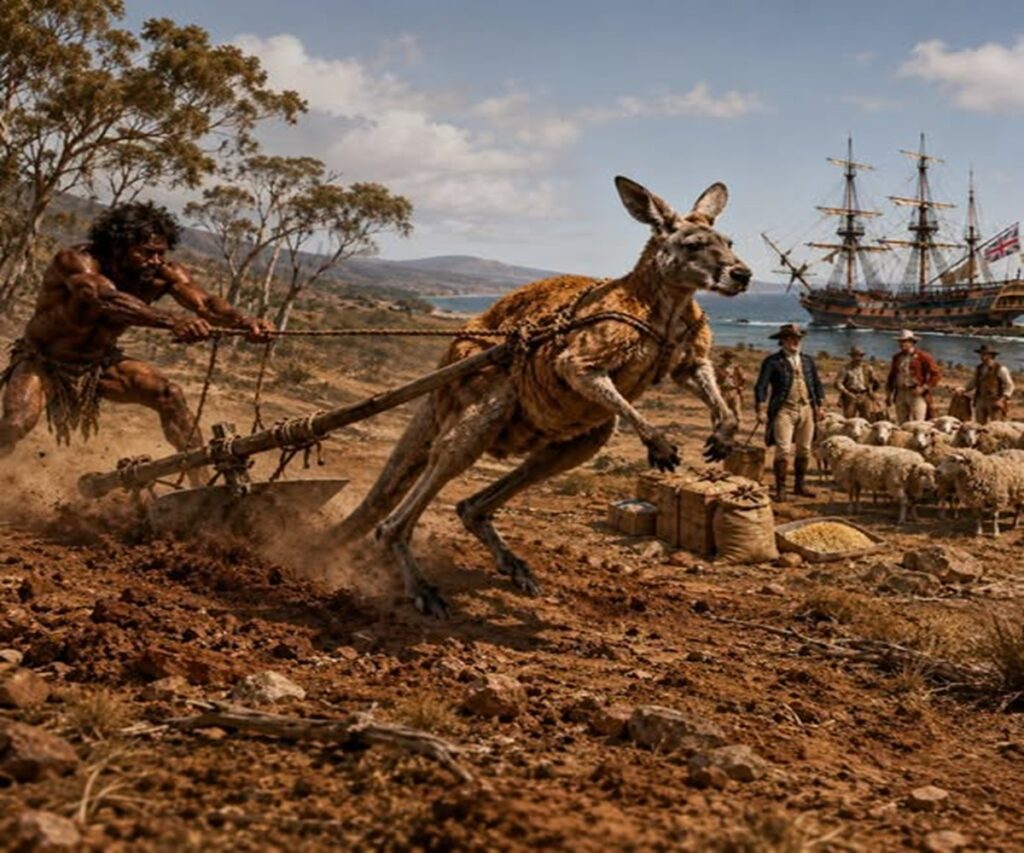 En la foto, un aborigen australiano con un canguro arando