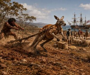 En la foto, un aborigen australiano con un canguro arando
