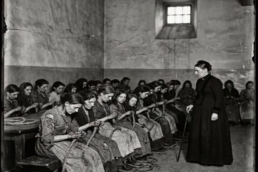 En la foto, mujeres deshilachando cuerdas