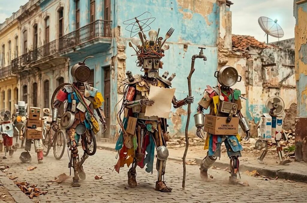 En la foto, una imagen de IA de personas hechas a partir de hierros y materiales viejos