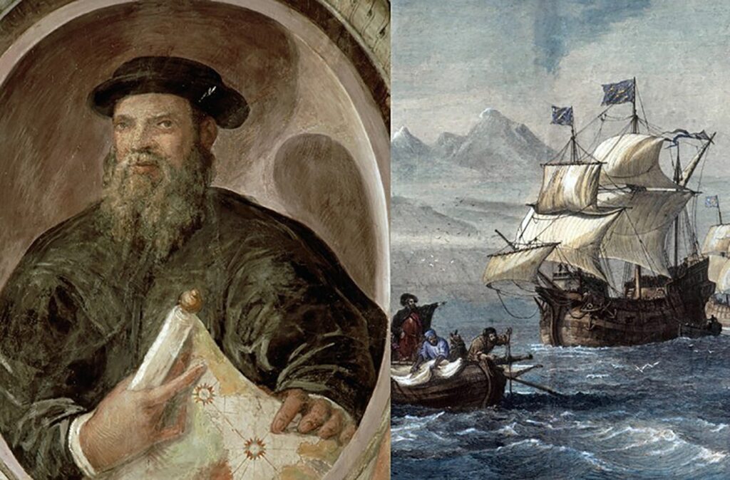 En la imagen, Magallanes y uno de sus barcos