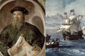 En la imagen, Magallanes y uno de sus barcos