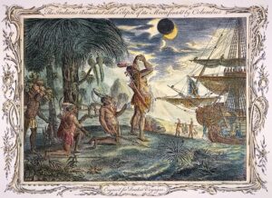 En la foto, un dibujo de la estancia de Colón en Jamaica y los nativos asombrados por el eclipse