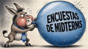 En la foto, una imagen de IA con un burro demócrata inflando un globo azul