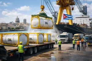 En la foto, combustibles y aceite llegan a Cuba en isotanques