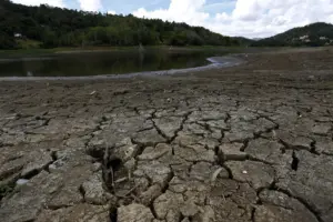 el lago Carraizo tras haber bajado considerablemente su nivel del agua, en San Juan
