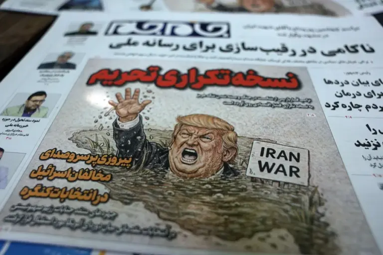 En la foto, Copias del diario iraní 'Jame-Jam' con una caricatura del presidente de EE.UU., Donald Trump, y un titular en persa que dice 'Versión Duplicada de Sanciones' informando sobre la nueva amenaza económica contra Irán, junto a un quiosco en Teherán