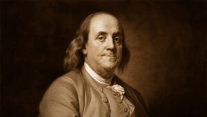 Retrato en sepia de Benjamin Franklin, Padre Fundador de Estados Unidos
