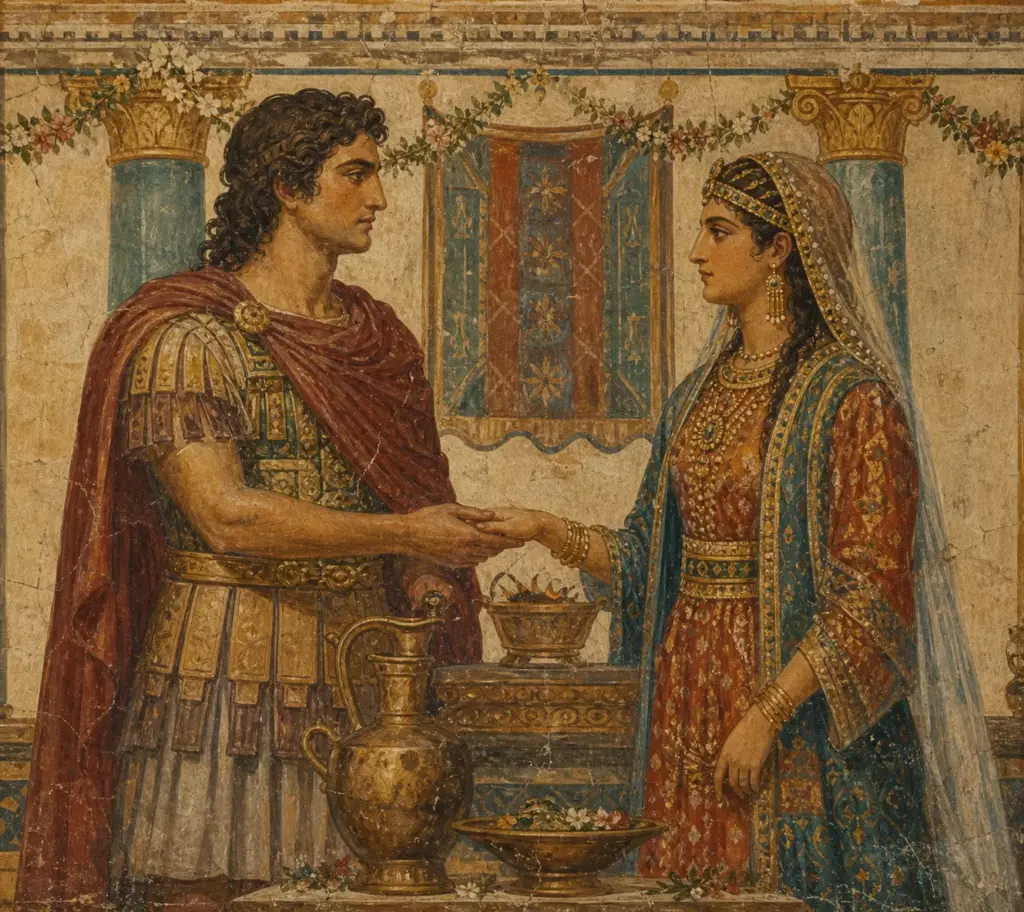 Reconstrucción artística de Alejandro Magno y Roxana durante su boda en Susa, representados como una pareja noble en un palacio de época helenística.