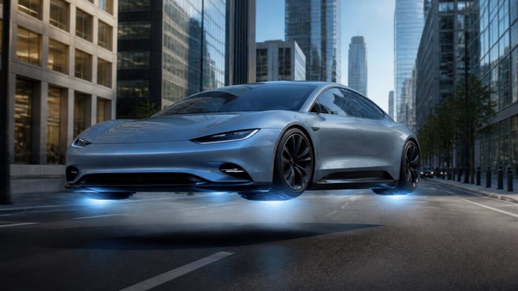 Coche eléctrico futurista inspirado en los Tesla actuales flotando sobre una calle urbana
