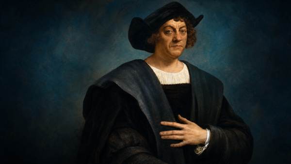 Retrato moderno de Cristóbal Colón con sombrero oscuro y vestimenta de navegante sobre un fondo azul atlántico