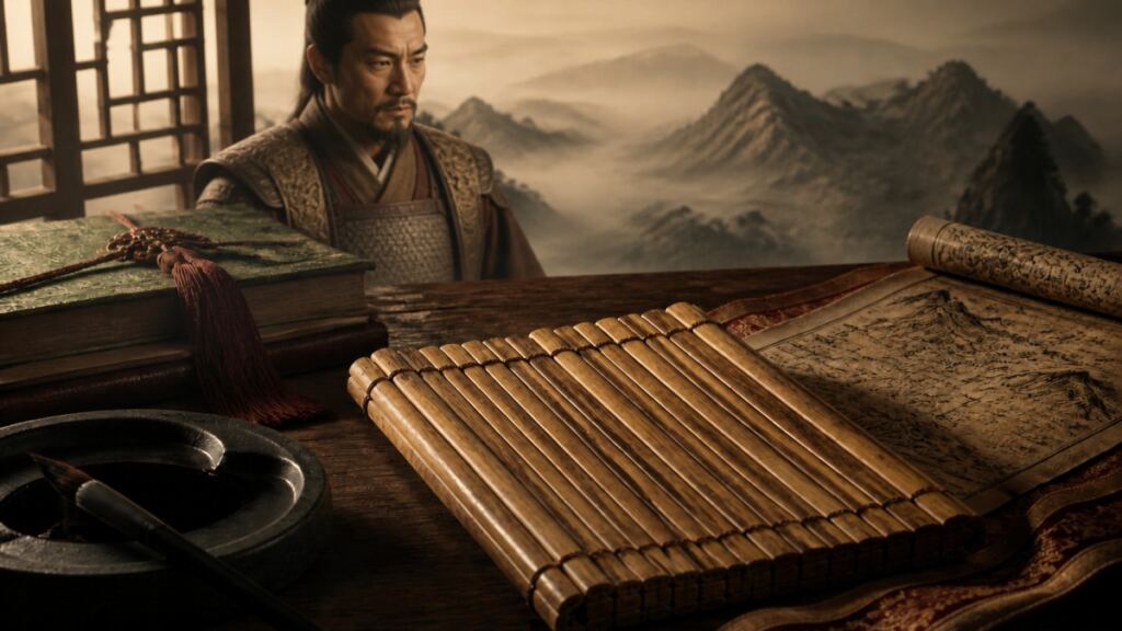 General chino antiguo junto a un manuscrito de bambú y un mapa, imagen destacada de El arte de la guerra