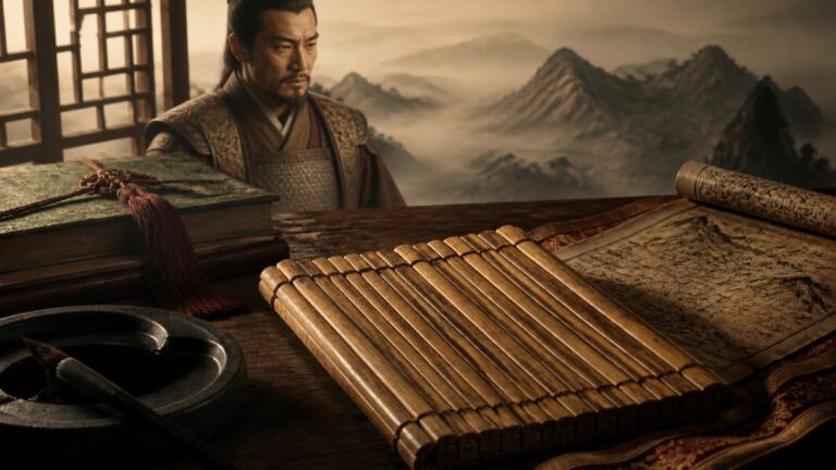 General chino antiguo junto a un manuscrito de bambú y un mapa, imagen destacada de El arte de la guerra