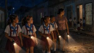 Niños cubanos con linternas recorren un barrio durante una guardia pioneril nocturna