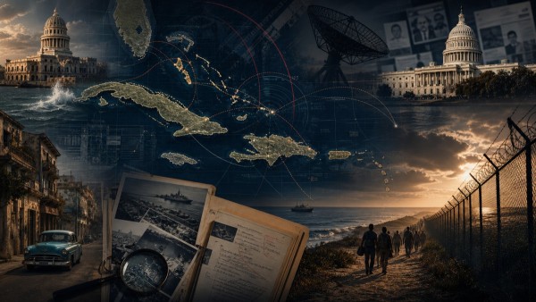 Mapa del Caribe entre Cuba y Estados Unidos con documentos de inteligencia, comunicaciones y una frontera, en una composición editorial de página completa