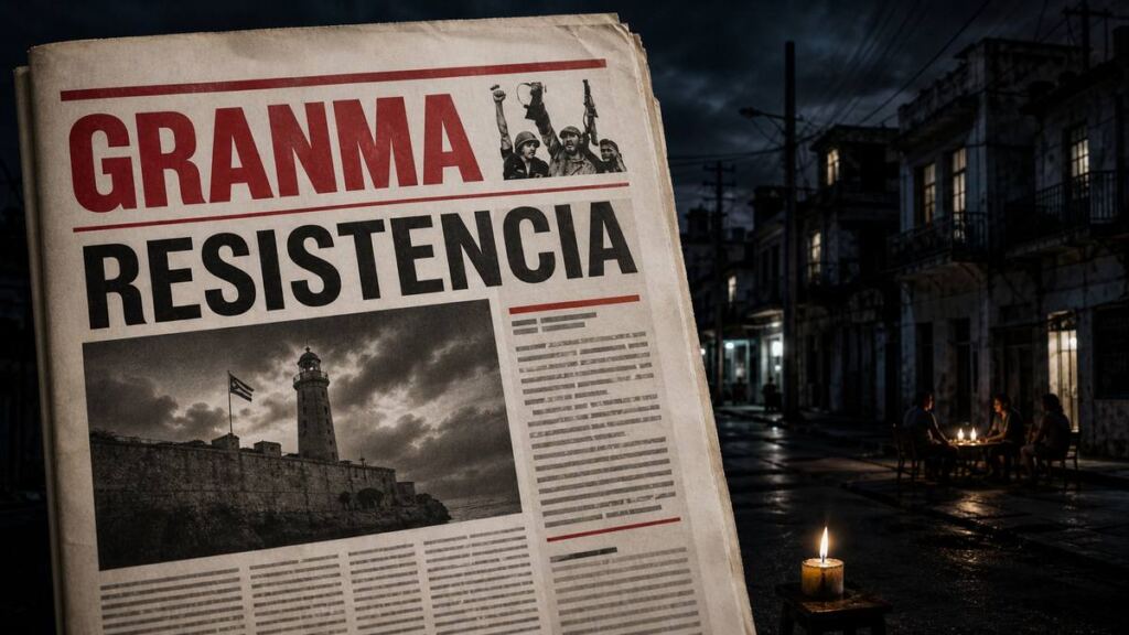 Portada del periódico Granma frente a una calle cubana a oscuras durante un apagón