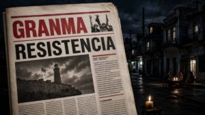 Portada del periódico Granma frente a una calle cubana a oscuras durante un apagón