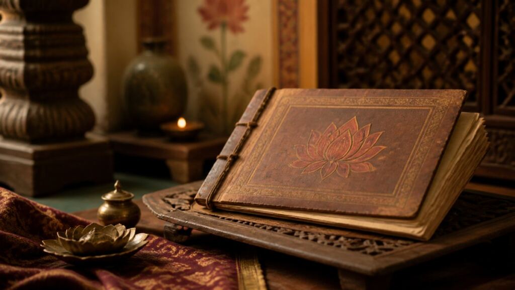 Manuscrito antiguo decorado con una flor de loto sobre una mesa de madera, imagen destacada sobre el Kama Sutra