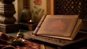Manuscrito antiguo decorado con una flor de loto sobre una mesa de madera, imagen destacada sobre el Kama Sutra