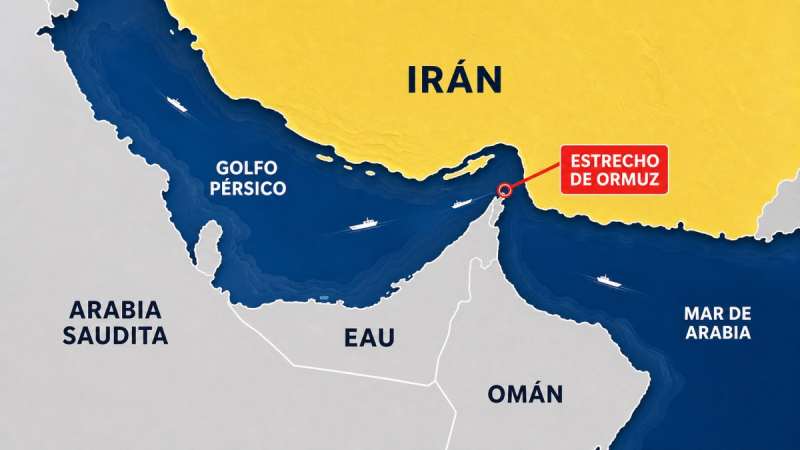 El tráfico marítimo en el estrecho de Ormuz cae a seis buques 3 Mapa del estrecho de Ormuz entre Irán y Omán, con rutas de barcos por el Golfo Pérsico y el mar de Arabia