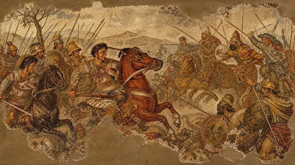 Reconstrucción plausible del mosaico de Alejandro Magno enfrentando al ejército persa, con caballería, lanzas y escudos antiguos.