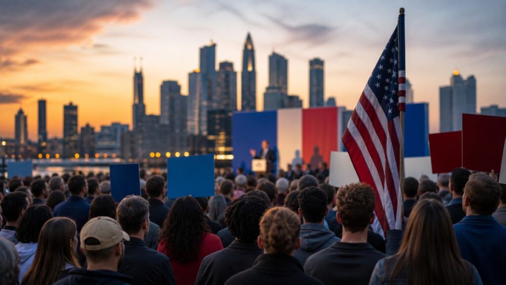 Multitud ante un escenario político con una bandera de Estados Unidos y una ciudad al fondo, imagen conceptual sobre el giro del Partido Demócrata hacia la izquierda