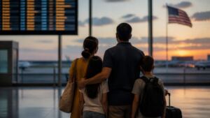 Familia cubana en un aeropuerto mientras espera viajar a Estados Unidos mediante un proceso de inmigración