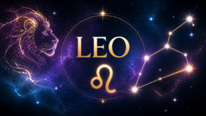 Ilustración celestial de Leo con su símbolo y constelación