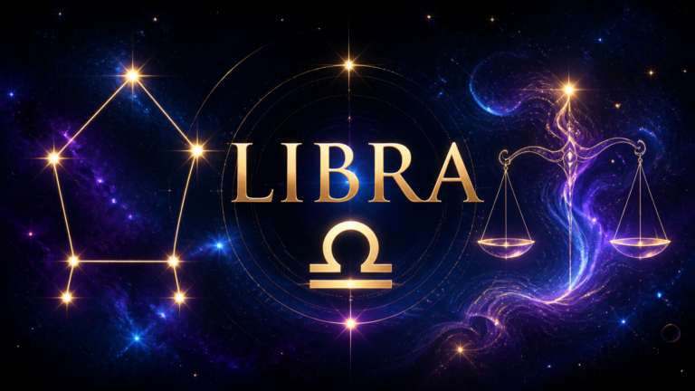 Ilustración celestial de Libra con su símbolo y constelación