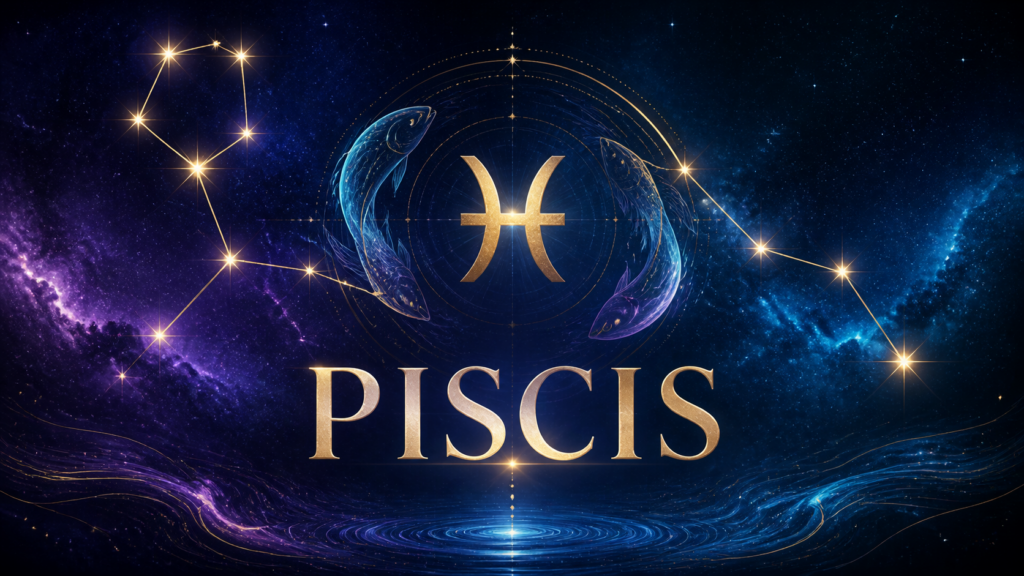 Ilustración celestial de Piscis con su símbolo y constelación