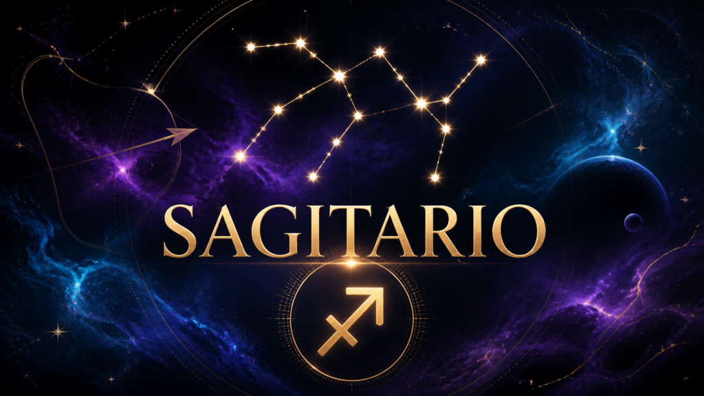 Ilustración celestial de Sagitario con su símbolo y constelación