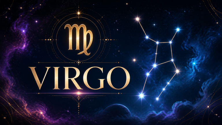 Ilustración celestial de Virgo con su símbolo y constelación
