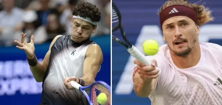 En la foto, Ben Shelton (i), de Estados Unidos, y Alexander Zverev (d), de Alemania, en acción durante el Abierto de Estados Unidos de tenis, en Nueva York