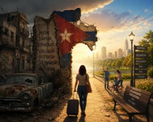 En la foto, el contraste entre la Cuba de adentro y la vida fuera