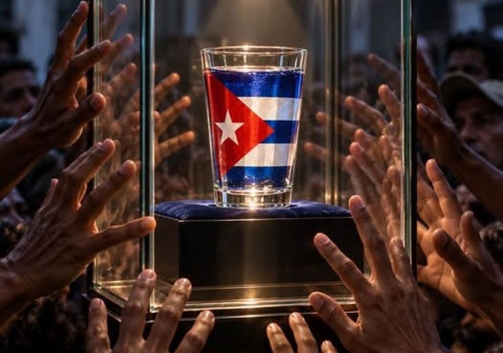 En la foto, un vaso dentro de una hurna, con una bandera en su interior y una manos que intentan alcanzarlo