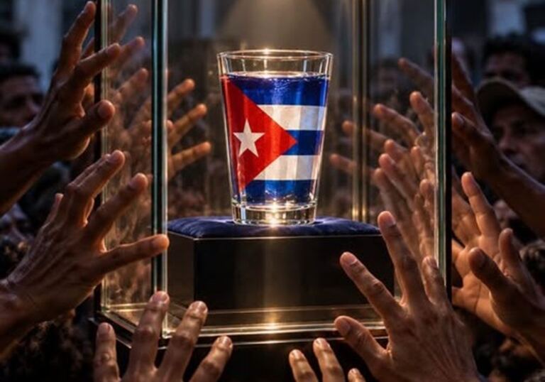 En la foto, un vaso dentro de una hurna, con una bandera en su interior y una manos que intentan alcanzarlo