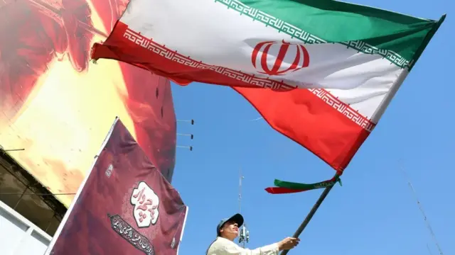 En la foto, una mujer sosteniendo la bandera de Irán