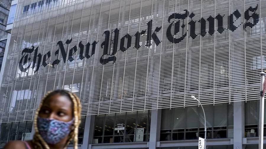 En la foto, Vista del edificio del New York Times en Nueva York, Nueva York (EE.UU.)