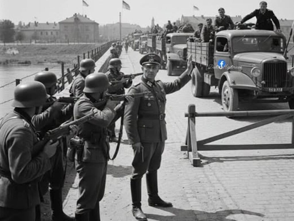 En la foto, el ejército alemán detiene los camiones de las SS