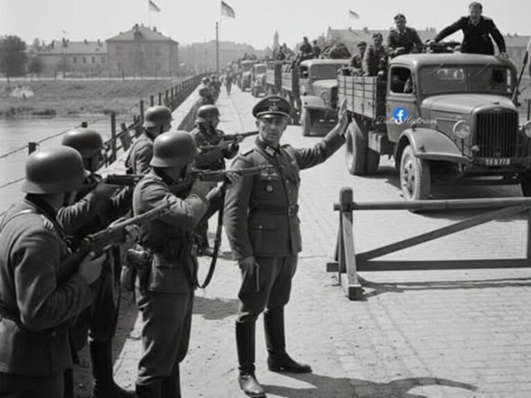 En la foto, el ejército alemán detiene los camiones de las SS