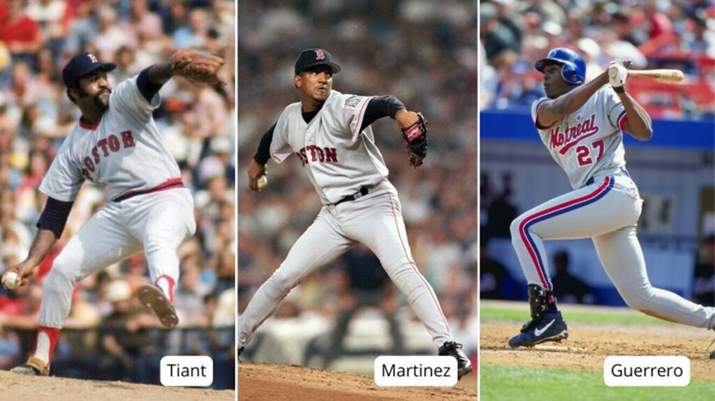 En la foto, Luis Tiant, Pedro Martínez y Vladimir Guerrero