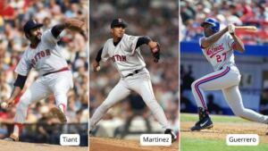 En la foto, Luis Tiant, Pedro Martínez y Vladimir Guerrero