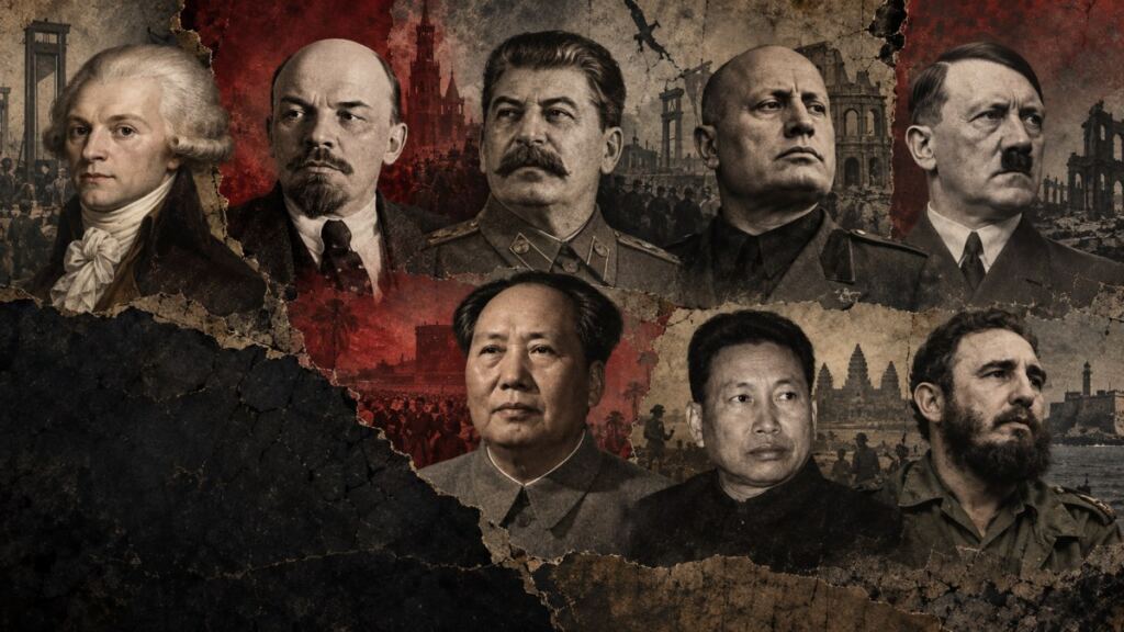 Dictadores socialistas: comunismo, fascismo y franquismo 2 Montaje histórico con Robespierre, Lenin, Stalin, Mussolini, Hitler, Mao Zedong, Pol Pot y Fidel Castro