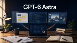 Ilustración de GPT-6 Astra con un portátil y paneles de documentos, código y presentaciones.