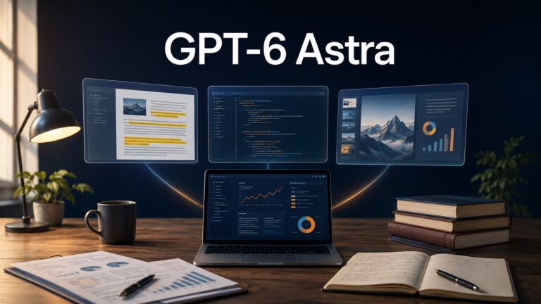 Ilustración de GPT-6 Astra con un portátil y paneles de documentos, código y presentaciones.
