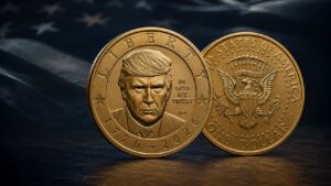 Moneda de un dólar con el rostro de Donald Trump y el sello presidencial de Estados Unidos