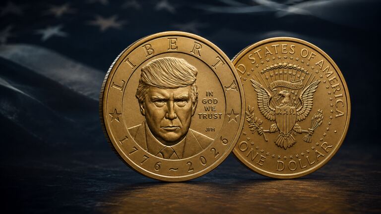 Moneda de un dólar con el rostro de Donald Trump y el sello presidencial de Estados Unidos